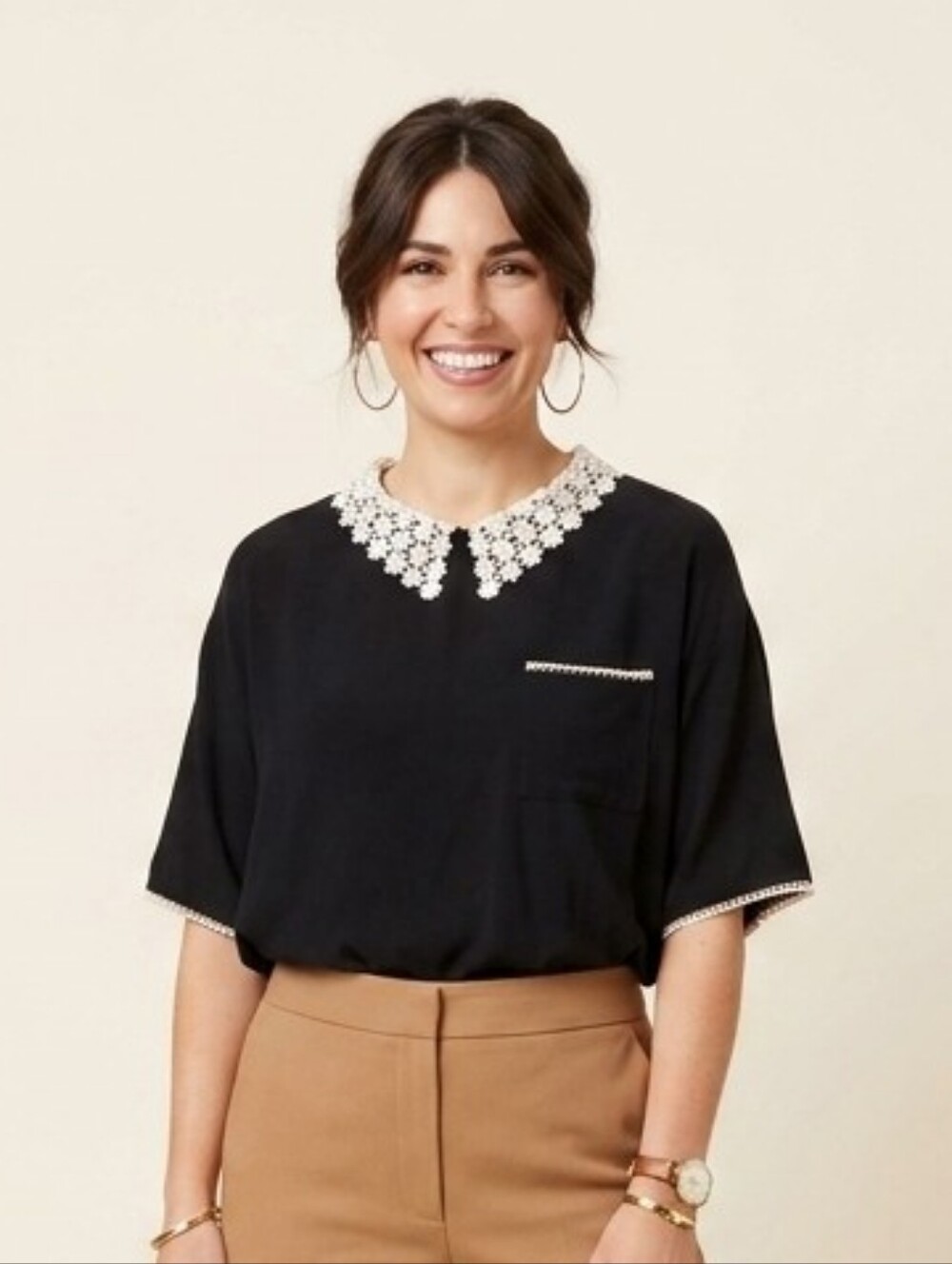 Black Crochet-Collar Puff Sleeve Blouse